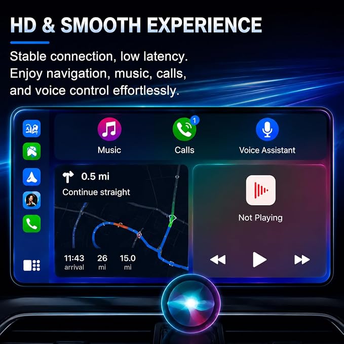 Compact USB Wireless Carplay/Android Auto Adapter for Peugeot e-Traveller 2019-2026,Voice Control Plug and Play