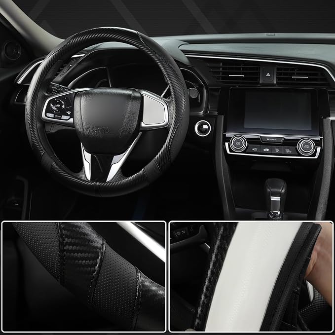 West Llama Carbon Fiber Car Steering Wheel Cover for Honda,Anti-Slip, Full Surround Breathable Leather Auto Protector(Black only)