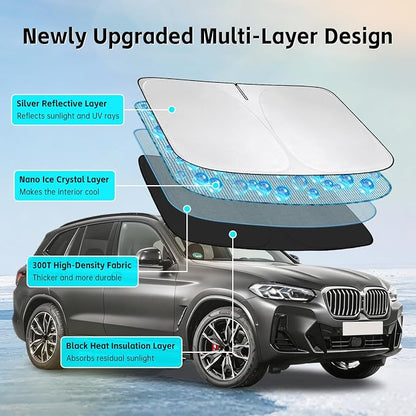 Windshield Sun Shade for BMW X3 2011-2024 Sunshade 300T Windshield Cover Shield Protector Blocks UV Rays Custom Fit X3 Front Window Shades Windshield Accessories Keep Cool Foldable