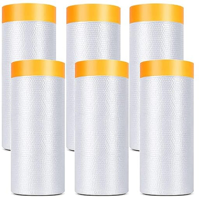 Painters Plastic With Tape, Pre-Taped Masking Film, 6 Rolls Automotive Best Tape and Drape, Paint Adhesive Protective Film Roll for Covering Skirting, Frames, Cars and Auto Body (5 X 65-Feet) (6)