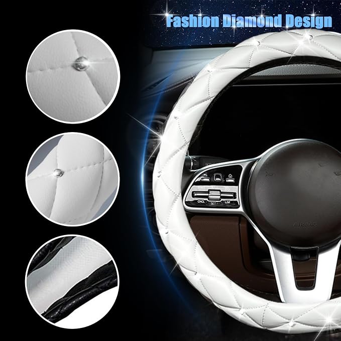 SuperKaKa Steering Wheel Cover, Auto Cute PU Diamond Bling Breathable Soft Comfort Leather Car Interior Accessories Sparkly Fit Most O-Shaped Steering Wheels for Women Men (White)