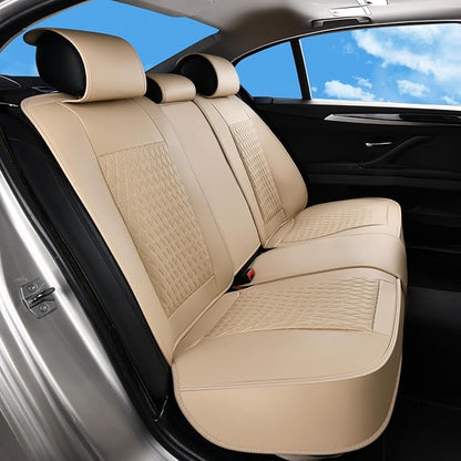 Huidasource Beige Back Seat Covers, Luxury Nappa Leather Rear Seat Cover with Velcro Adjustable, Child Seats, Ventilation Holes, Seat Belts, Car Back Seat Cover Fit for Most Cars SUV Trucks, Beige