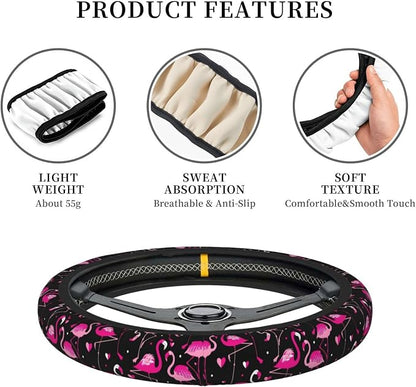 Flamingo Steering Wheel Cover for Women, Universal Auto Steering Wheel 14-15 Inch Car Interior Accessories with 2PCS Car Coasters, Suitable for Men and Women