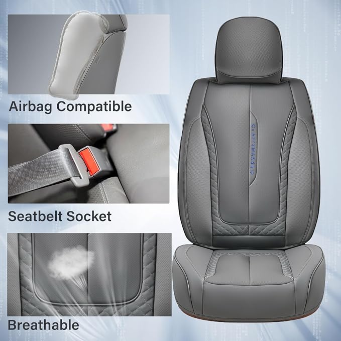 Coverado Car Seat Cover Full Set, Gray Seat Covers Front Seats Back Seat Covers, Nappa Leather Waterproof, Car Seat Cushion, Car Seat Protector Universal Fit Most Cars