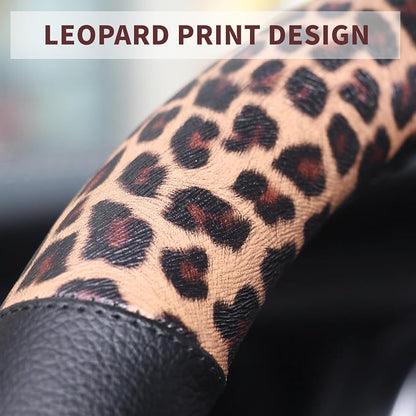 Leopard Steering Wheel Cover Leather 14.5-15 Inch, Bling Rhinestones, Anti-Slip Design, Universal Fit for Cars, SUVs, Cute Decoration for Women