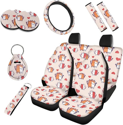 Couple Tabby Cat Car Seat Covers Set of 10, Love Heart Cartoon Cats Car Interior Accessories, Heart Shape Kitten Seatbelt Covers Polyester Front Seat Rear Seat Cover