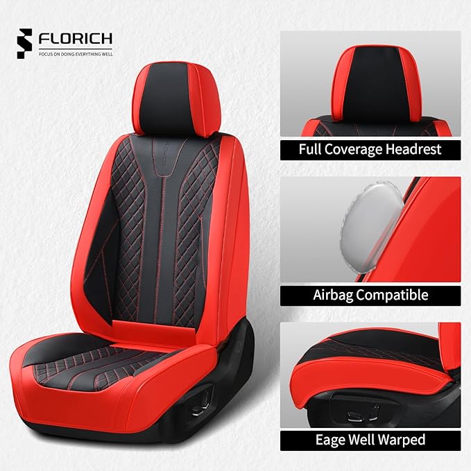 FLORICH Car Seat Covers Front Seats and Back Faux Leather Seat Cover Waterproof Seat Covers Car Seat Cushion 5 Seats Car Seat Protector Universal Fit for Most Cars SUV Trucks, Black&Red
