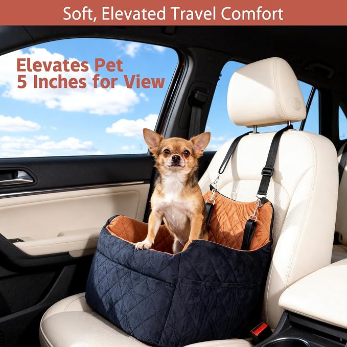 Elevated Dog Car Seat for Small Dogs – Luxurious Dutch Suede Leather Pet Booster with Adjustable Safety Leash, Non-Slip Base, Washable Cover, Cozy Travel Bed for Pets up to 30 lbs