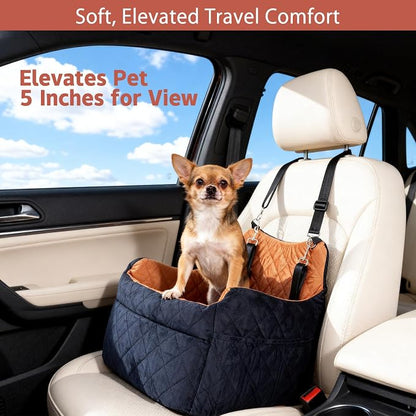 Elevated Dog Car Seat for Small Dogs – Luxurious Dutch Suede Leather Pet Booster with Adjustable Safety Leash, Non-Slip Base, Washable Cover, Cozy Travel Bed for Pets up to 30 lbs