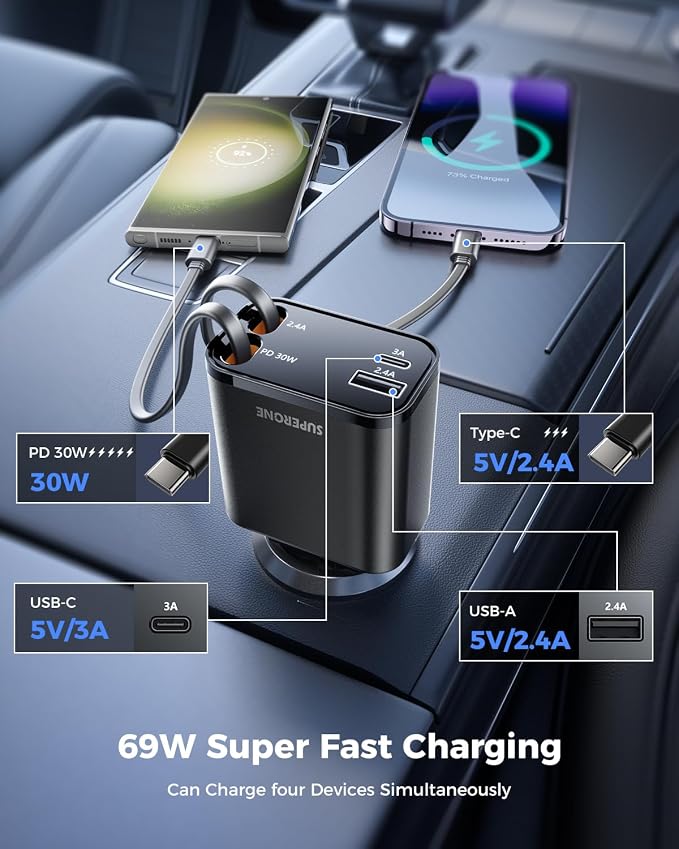 SUPERONE Smaller 4 in 1 Retractable Car Charger with Dual Type C Cords, 69W Fast Retractable USB C Car Charger, Car Accessories Car Chargers for iPhone 17 16 15 14 13 12 Galaxy Pixel