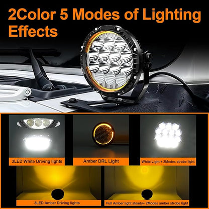 LIGBT 2PCS 5.6 Inch LED Driving Light Round 55W 5 Modes Dual Color Warning Offroad Driving Spot Lights IP68 Spot Flood Combo Fog Lights with Yellow Cover for Pickup SUV UTV ATV Trucks 4x4