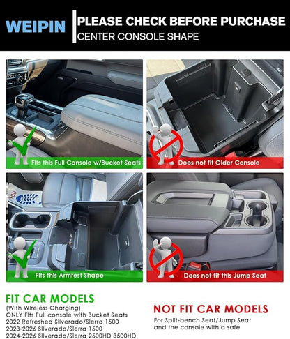 Silverado Sierra Center Console Organizer - Refreshed Models 2022-2026 Chevy Silverado/GMC Sierra 1500-2024-2026 Silverado/Sierra 2500HD 3500HD - (Full Console w/Bucket Seats ONLY) - Black