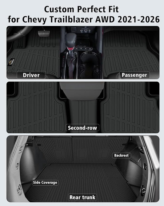 Floor Mats for Chevy Trailblazer AWD 2021-2025 2026 Trunk Mat with Backrest Mat All Weather TPE Full Set Liners & Door Sill Guards for Chevrolet Trailblazer Accessories, Black (Upper Cargo Floor Mat)