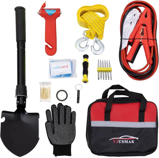 Car Roadside Emergency Kit with Jumper Cables, Tow Rope, Folding Shovel, Auto Vehicle Truck Safety Emergency Road Side Assistance Kits for Men, Women, Teenagers