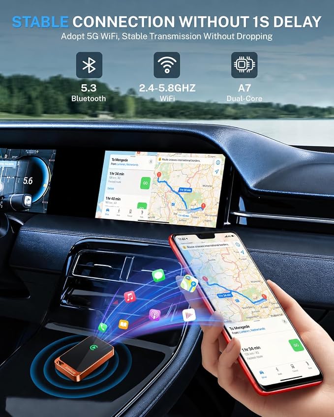 Jemluse Wireless CarPlay Adapter for Apple iPhone - Multi-User Seamless Connection for Convert Wired to Wireless Car Play Adapter - No Latency from iOS 10+ to Screen w/USB C (Cosmic Orange)