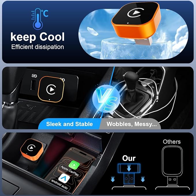 Wireless CarPlay Adapter, 2026 Upgraded Wired to Wireless for Apple CarPlay & Android Auto, 2-in-1 Mini USB, Plug-and-Play Stable Connection (Orange)