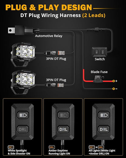 Auxbeam 4 Inch LED Pod Light, 92W V-MAX Series Square Offroad Driving with Amber DRL, 270° Spot Flood Combo Beam Side Shooter Cube Work Auxiliary Lights with Yellow Cover for Truck SUV ATV UTV