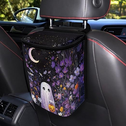Ghost Daisy Flower Moon Pattern Car Trash Can Leakproof Garbage Bag with Lid and Zipper 1.2Gal Trash Bin Hanging for Back Seat Halloween Car Accessories Universal Fit