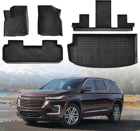 Floor Mats & Cargo Liner for 2018-2023 Chevy Traverse 7 Seater, All Weather TPE Floor Liners Custom Fit Traverse Heavy Duty Car Mats 1st & 2nd & 3rd Row & Trunk Mat Accessories Anti Slip Black