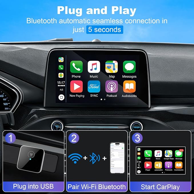2026 Upgraded Mini Bluetooth 2-in-1 Plug & Play Car Audio Adapter, Wireless Android Auto Adapter, Car Play Wireless Adapter, Fast Auto-Connect Compatible with iPhone iOS 10+ & Android 11+ Cars