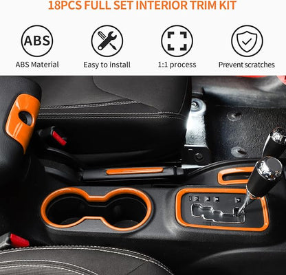 18PCS Full Set Interior Trim Kit for Jeep Wrangler JK JKU 2011-2018 4 Door,Center Console Door Handle Side Outlet Cup Holder Gear Cover Trim (Orange)