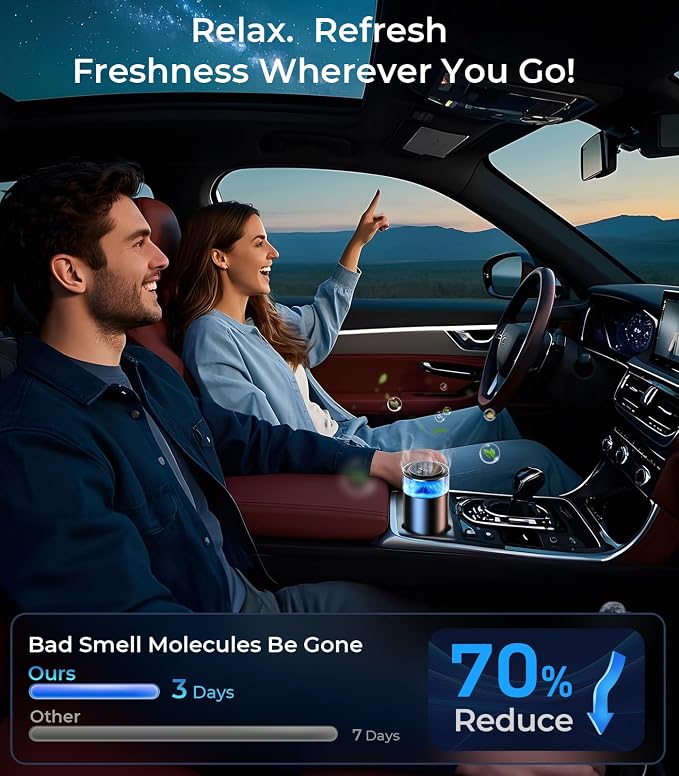 Hitolza Smart Car Air Fresheners, Ambient Light & Mist Fragrance, Auto On/Off Car Air Freshener Diffuser, Adjustable Intensity, Lasts 6 Months, Built-in Battery, Premium Scents Refill X2 - Coconut