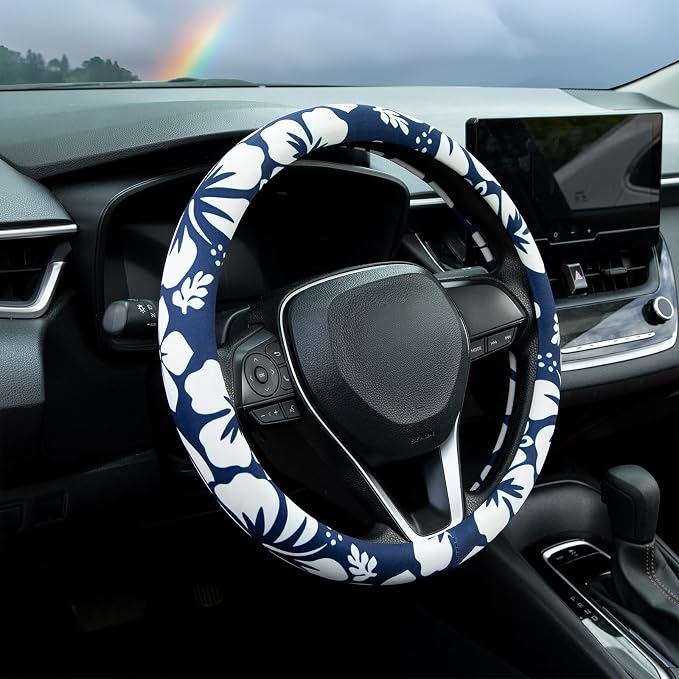 White Hibiscus Hawaii Steering Wheel Cover Auto Steering Wheel Protector, Anti-Slip, Breathable, Absorbing Sweat, Universal Floral Car Accessories 14.5–15 inch
