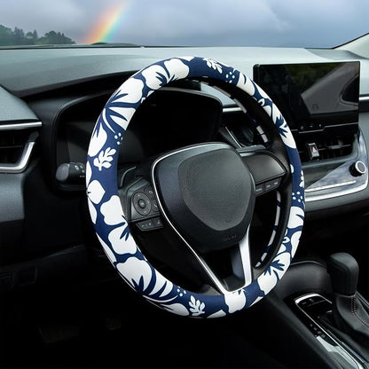 White Hibiscus Hawaii Steering Wheel Cover Auto Steering Wheel Protector, Anti-Slip, Breathable, Absorbing Sweat, Universal Floral Car Accessories 14.5–15 inch