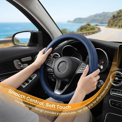 Zpana Car Steering Wheel Cover, 14.5-15" Breathable Soft Leather Vehicle Steering Wheel Protector with Anti-Slip Lining, Comfortable Auto Interior Decoration Accessories, Universal Fit (Dark Blue)