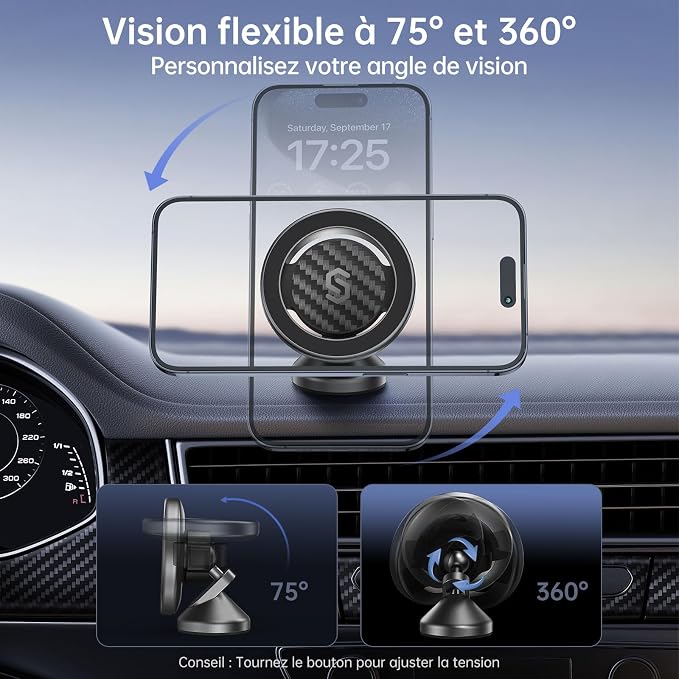 SYNCWIRE MagSafe Car Mount - Flexible Rotation Magnetic Phone Holder for Dash, Strong Magnets, Universal Compatible iPhone, Samsung, Pixel - MagSafe Car Accessories