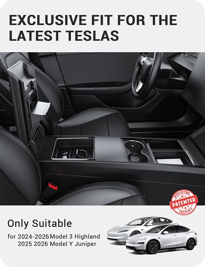 BASENOR 2026 Tesla Model Y Model 3 Center Console Organizer Tray, Cup Holder Armrest Hidden Storage Box for 2025 2026 Model Y Juniper 2024 2025 2026 Tesla 3 Highland