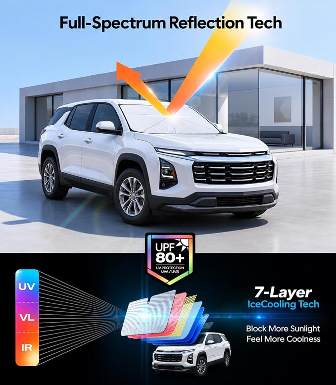Wigoo Windshield Sun Shade Umbrella for Chevrolet Equinox 2018-2026 [100% Sun Blockage, Ice Cooling Fabric] Heat Insulation Front Window Sunshade Umbrella for Chevrolet Equinox 2018-2026