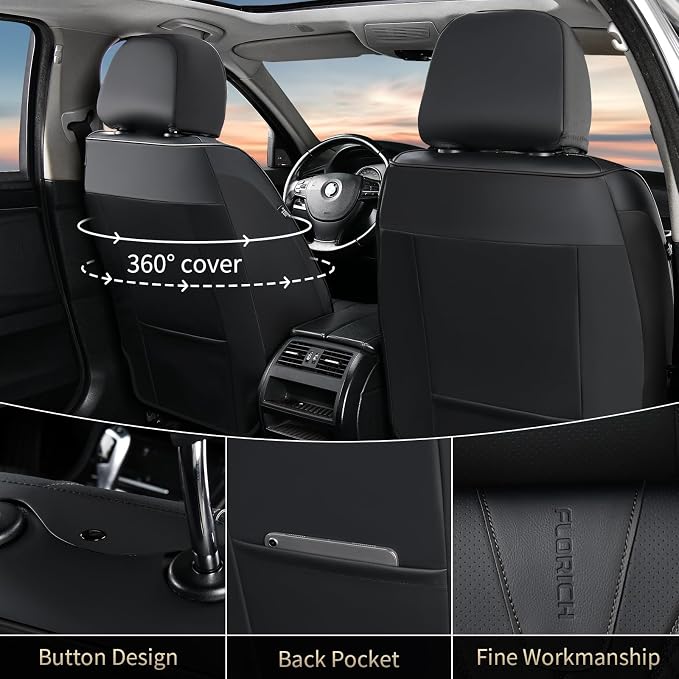 FLORICH Leather Seat Covers Full Set Automotive Seat Covers Black Car Seat Covers Waterproof Front and Back Seat Covers Car Seat Cushion Protector Universal Fit for Most Cars SUV Trucks, Black