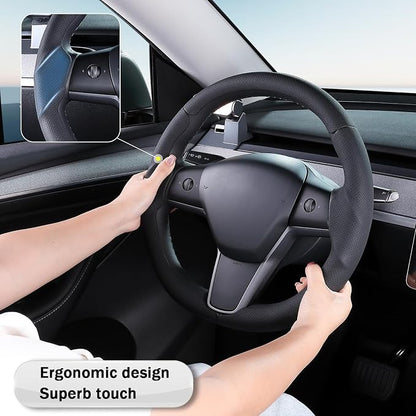 Steering Wheel Cover for 2017-2023 Tesla Model 3 2020-2024 Tesla Model Y, Leather Steering Wheel Cover for Tesla Model 3/Y Accessories, Black