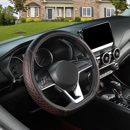 West Llama Flat Bottom Car Steering Wheel Cover for Nissan,D Shaped Steering Wheel Cover for Rogue,Altima,Kicks (Diamond Quilted-Black+Red-Standard Size)