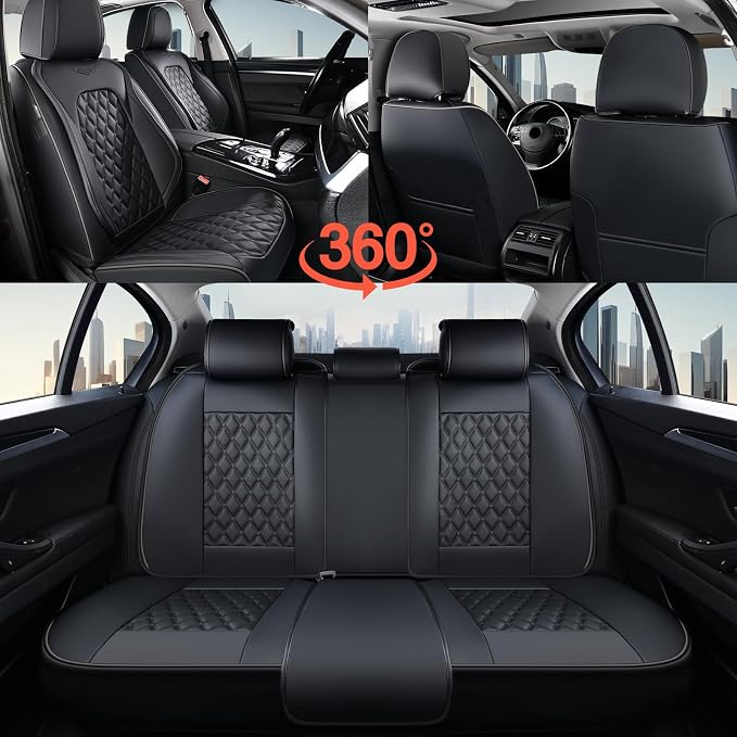 Coverado Full Set Car Seat Covers, Black Leather Seat Protectors, Luxury Front & Back Car Seat Covers,Waterproof Universal Fit, Automotive Seat Covers for Most Cars-Black
