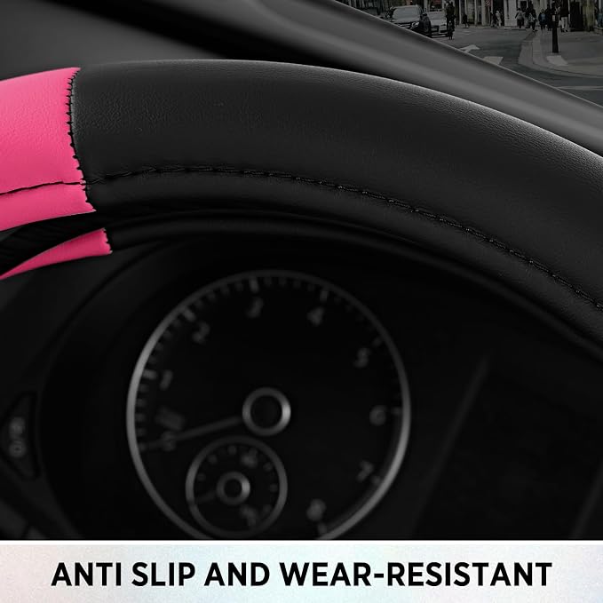 Road Comfort Leather Steering Wheel Cover – Premium Anti-Slip Car Steering Wheel Grip Cover – Universal Fit for 14.5”–15” Cars, Trucks & SUVs - Hotpink