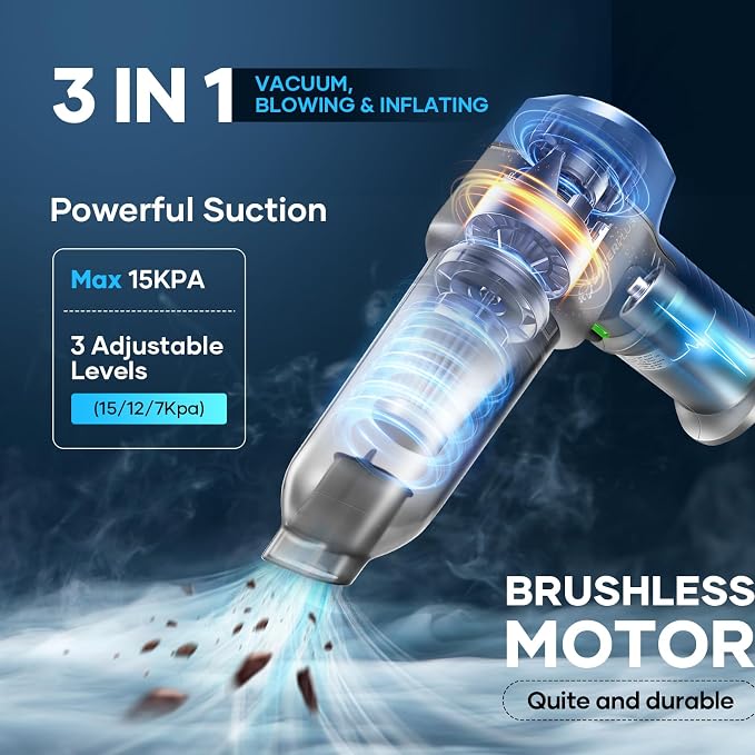 SakerPlus Mini Vacuum Cleaner, 3 in 1 Car Vacuum Cleaner High Power, 15000PA Powerful Suction, Air Duster, 7500mAh, Adjustable Small Vaccum Portable Cordless for Cars,Desktop,Home- Light Blue