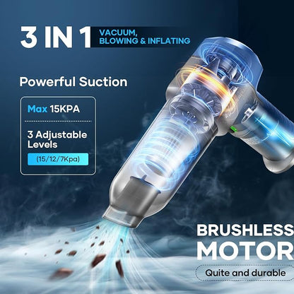 SakerPlus Mini Vacuum Cleaner, 3 in 1 Car Vacuum Cleaner High Power, 15000PA Powerful Suction, Air Duster, 7500mAh, Adjustable Small Vaccum Portable Cordless for Cars,Desktop,Home- Light Blue