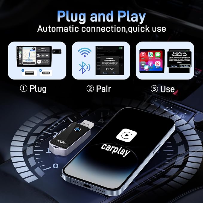 Wireless CarPlay Adapter for iPhone (Plug & Play, No Delay) – 5.8GHz Wi-Fi & Bluetooth 5.3, Compact Metal Design, Compatible with 2016+ Cars – Fast Auto-Pairing