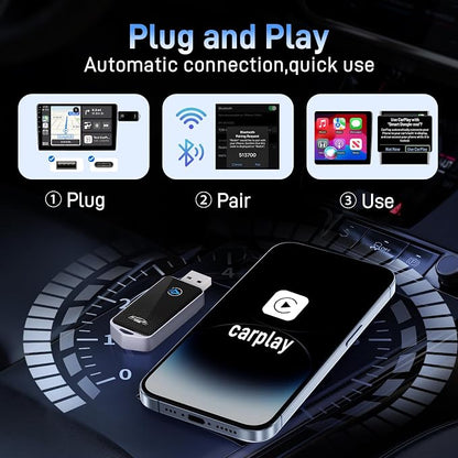 Wireless CarPlay Adapter for iPhone (Plug & Play, No Delay) – 5.8GHz Wi-Fi & Bluetooth 5.3, Compact Metal Design, Compatible with 2016+ Cars – Fast Auto-Pairing