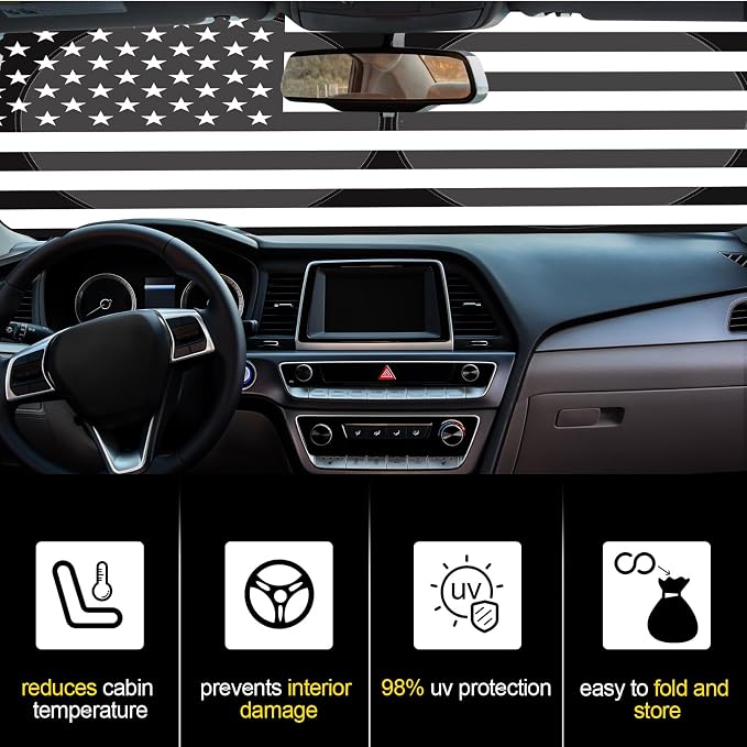 Woanger Windshield Sun Shade Foldable Car Front Window Covers for Car Accessories Sun Heat UV Rays Visor Protector Protection for Universal Cars SUV Truck (Flag)