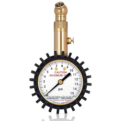 Accu-Gage Low Pressure Tire Gauge with Protective Rubber Guard, Angled Chuck, 15psi