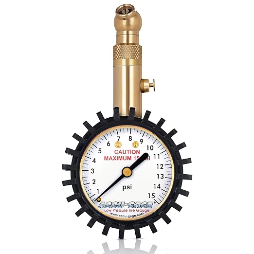 Accu-Gage Low Pressure Tire Gauge with Protective Rubber Guard, Angled Chuck, 15psi