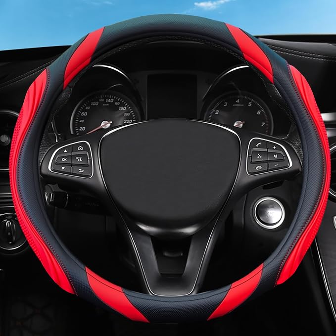 Concave Convex Massage Black Red Microfiber Leather Steering Wheel Cover, 14.5-15 Inch Non-Slip Breathable Microfiber Car Steering Wheel Protector