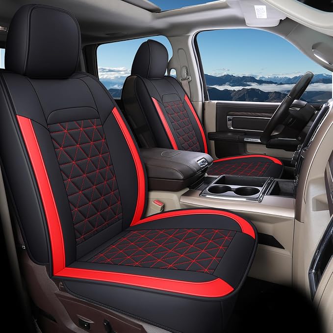 Coverado Seat Covers Full Set, Waterproof RAM 1500 Seat Cover Compatible with 2002-2026 Dodge RAM 1500 2500 3500 Truck Pickup Crew Double Mega Quad Cab with Flat Bench, Red