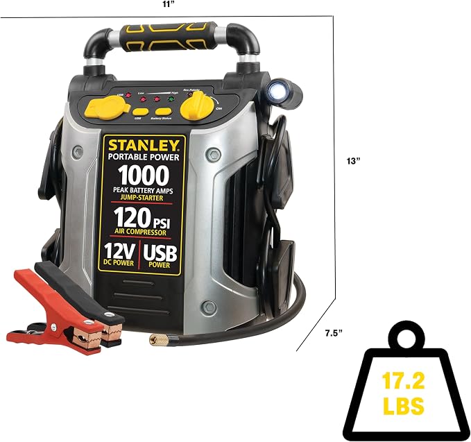 STANLEY J5C09 1000 Peak Amp Automotive Jump Starter, Portable Power – 2.1A/10W USB Port, 12V Outlet, 120 PSI Air Compressor for Tires, Bikes & Sports Equipment | Portable Power, 2.1A/10W USB Port, 12V Outlet, 120 PSI Air Compressor for Tires, Bikes & S...