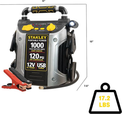 STANLEY J5C09 1000 Peak Amp Automotive Jump Starter, Portable Power – 2.1A/10W USB Port, 12V Outlet, 120 PSI Air Compressor for Tires, Bikes & Sports Equipment | Portable Power, 2.1A/10W USB Port, 12V Outlet, 120 PSI Air Compressor for Tires, Bikes & S...