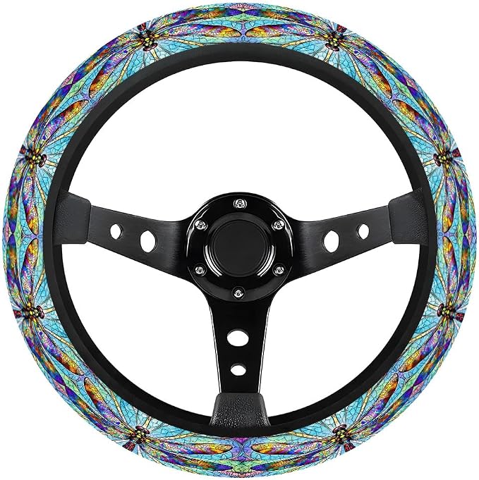 GENANY Dragonfly Steering Wheel Cover, Non Slip Polyester Car Wheel Protector for Car SUV Truck, Universal 15 Inch