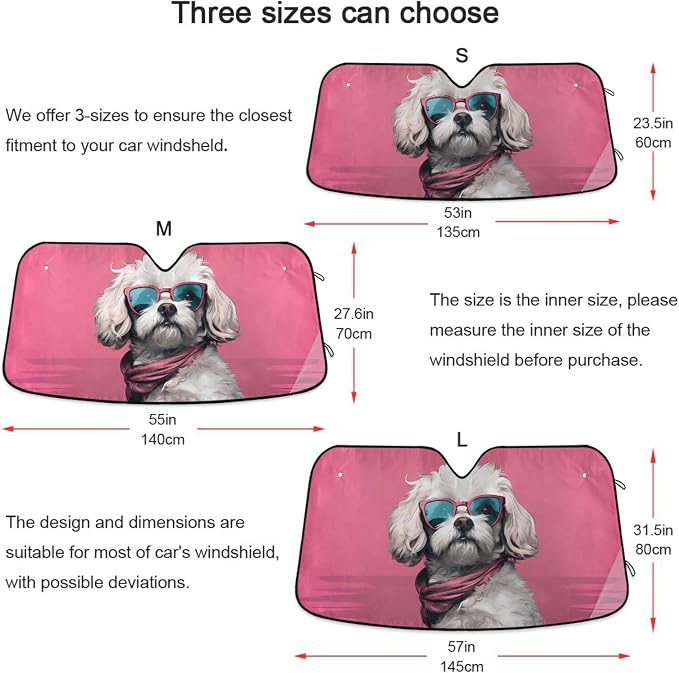 Cars Front Sun Shade Windshield,Foldable Reflective Sun Visor Cute Dog Maltipoo Pink Windshield Sunshade Cover,Blocks UV Ray Sun Protect Interior Keep Cool,53" x 23.5 "
